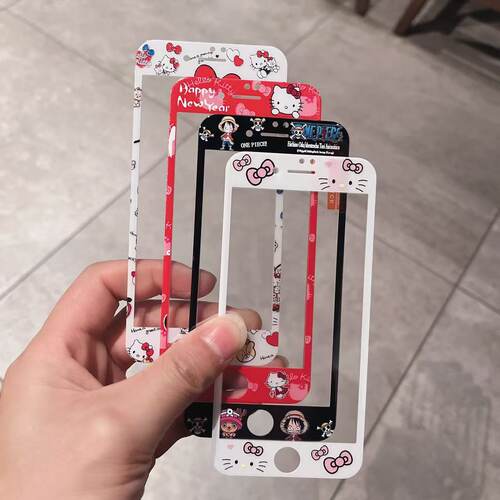 适用苹果5SE卡通贴膜iPhone4钢化膜苹果6plus彩膜7可爱8透明保护膜
