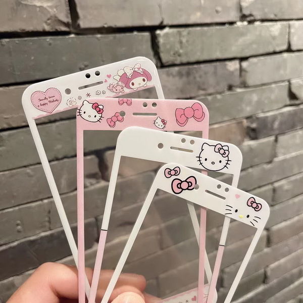 适用苹果4/5/6钢化膜iPhone8plus保护膜带图案7可爱膜se2手机膜软边