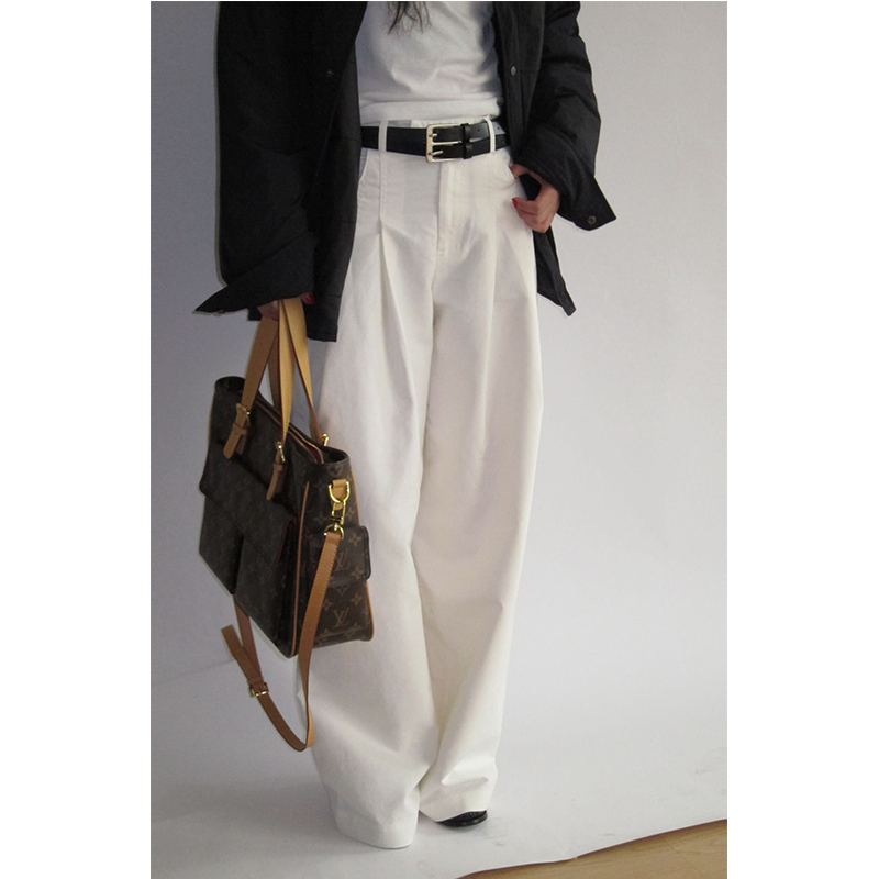 HGE睡格好觉 明星范百搭设计感压褶白色休闲裤  通勤阔腿裤