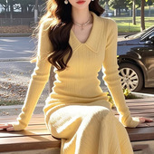 2025新款 韩版 亮黄色polo领针织连衣裙女秋季 高级感气质长裙子
