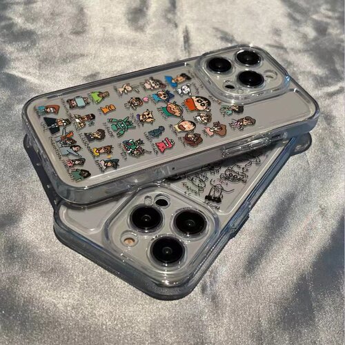 满铺蜡笔小新适用于苹果14promax手机壳13透明iPhone15全包17镜头x防摔12女11涂鸦兔子mini太空壳8plus软套16