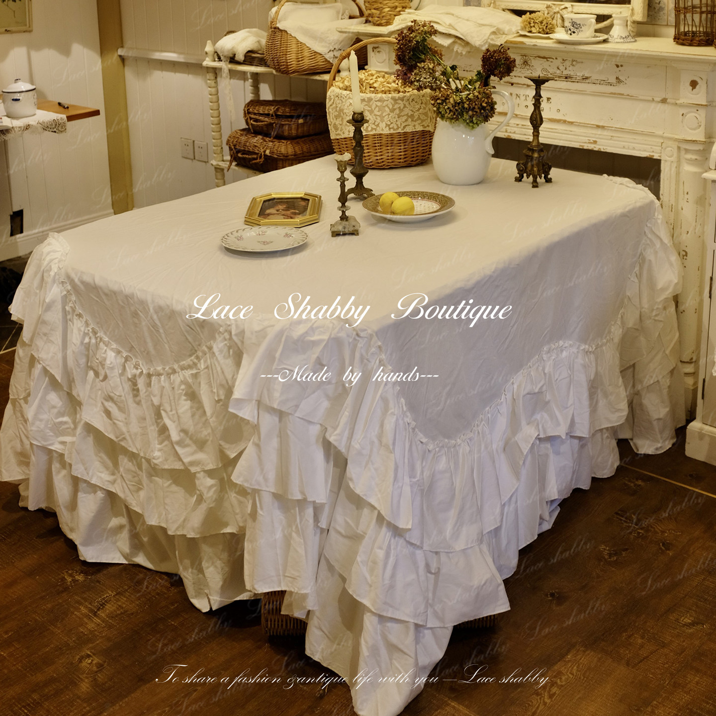 太浪漫了！LACESHABBY法式复古手工荷叶边白色棉质桌布盖巾,居家布艺,桌布,淘宝优惠券,粉丝福利购,淘宝优惠卷