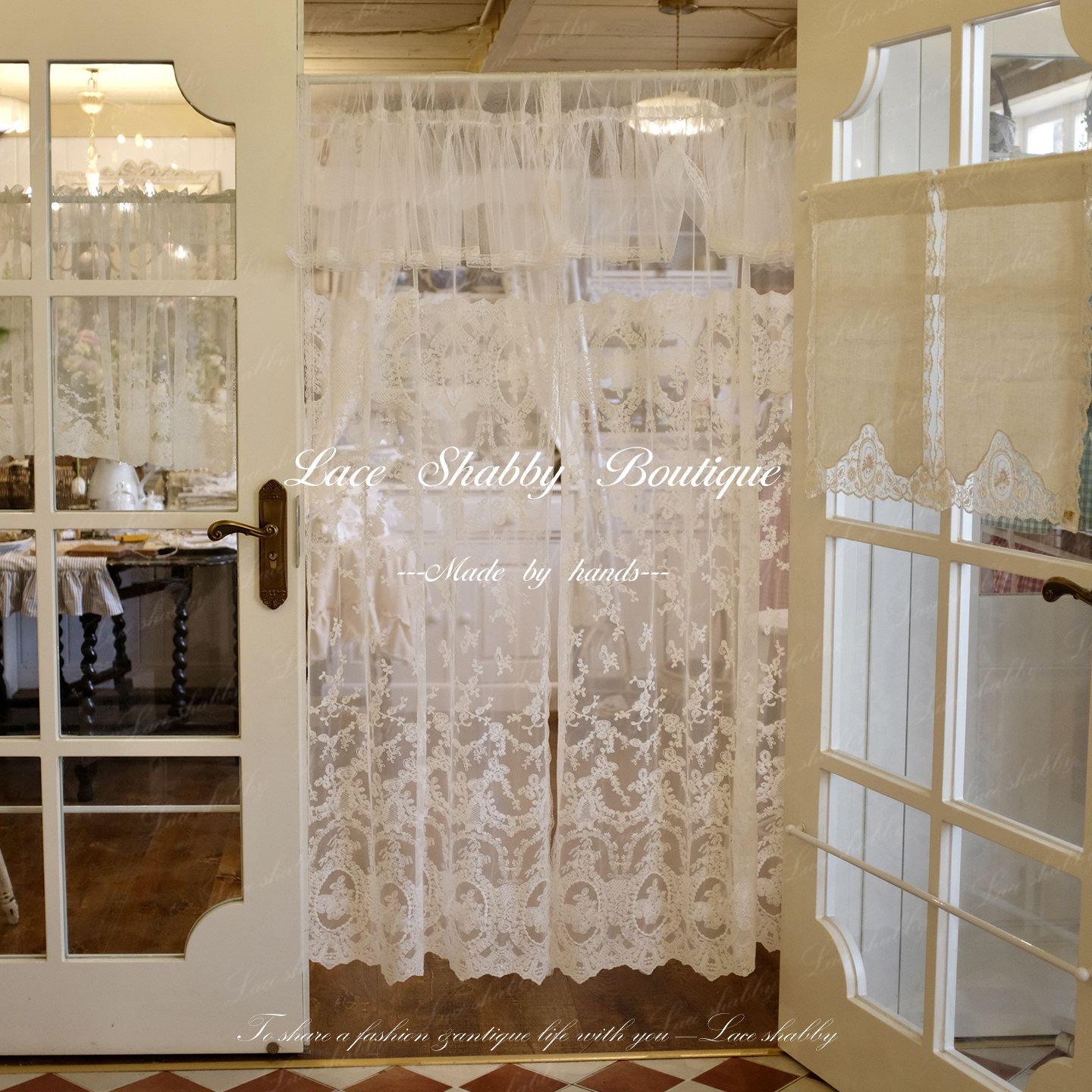 童话般的家！LACESHABBY法式中古风白色蕾丝荷叶边免打孔门帘窗纱