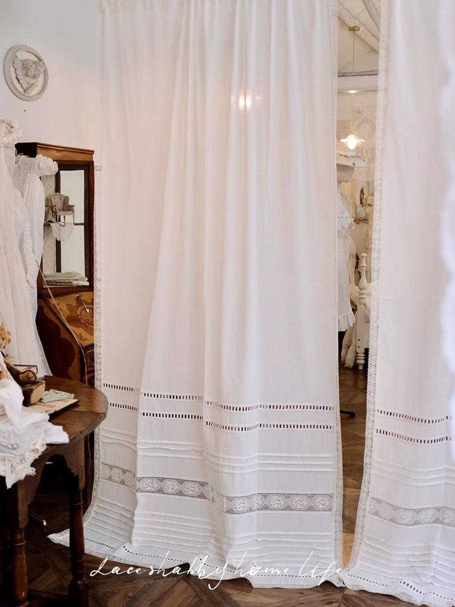 法式复古美式乡村风格白色风琴折棉质刺绣蕾丝飘窗窗帘落地窗帘