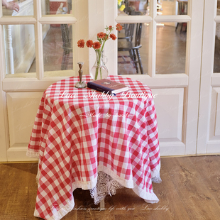 治愈系的家LACESHABBY法式复古红色格子棉麻蕾丝餐桌布盖巾野餐布