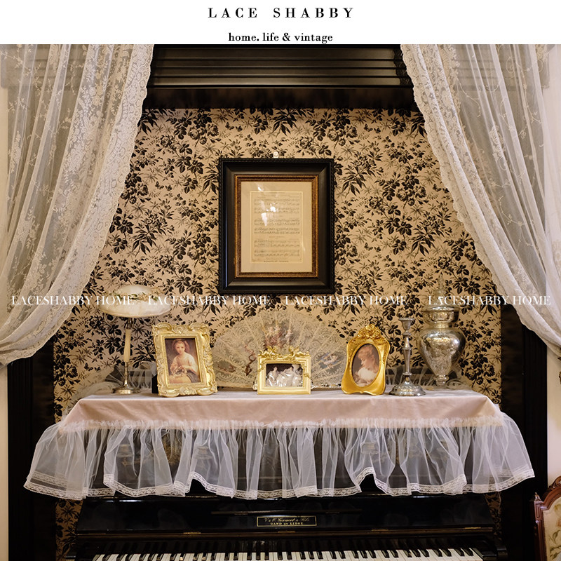 LACESHABBY新款欧式复古轻奢丝绒蕾丝百褶荷叶边钢琴盖巾钢琴罩