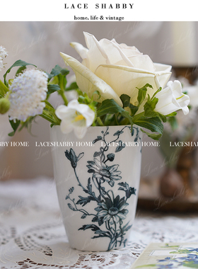 新款法式复古法瓷vintage深蓝色碎花陶瓷杯子水培花器花瓶