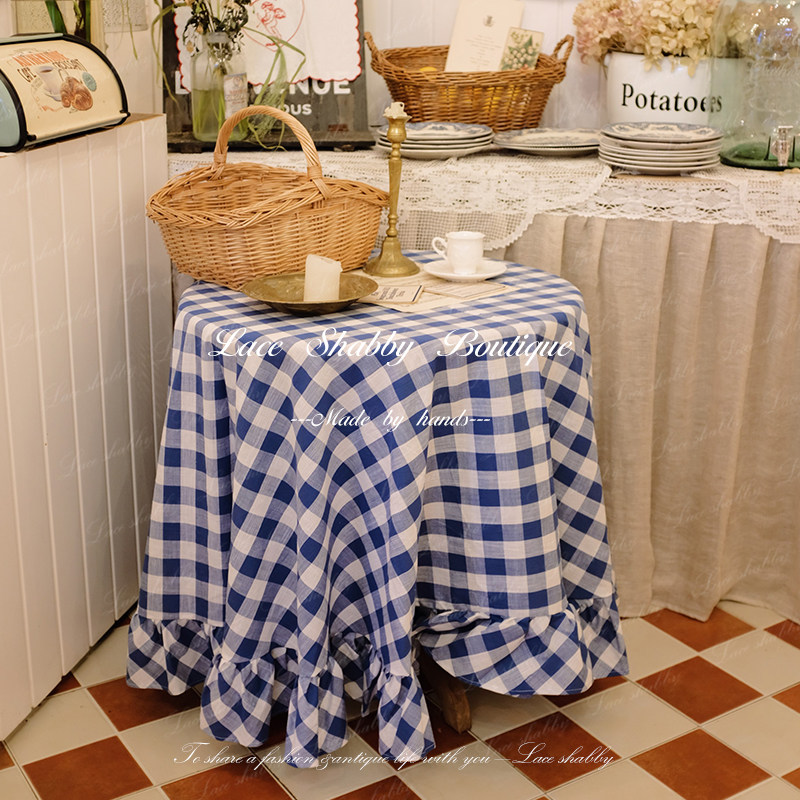 太治愈了！法式浪漫复古风格蓝白格子亚麻荷叶边餐桌布盖巾野餐布,居家布艺,桌布,淘宝优惠券,粉丝福利购,淘宝优惠卷