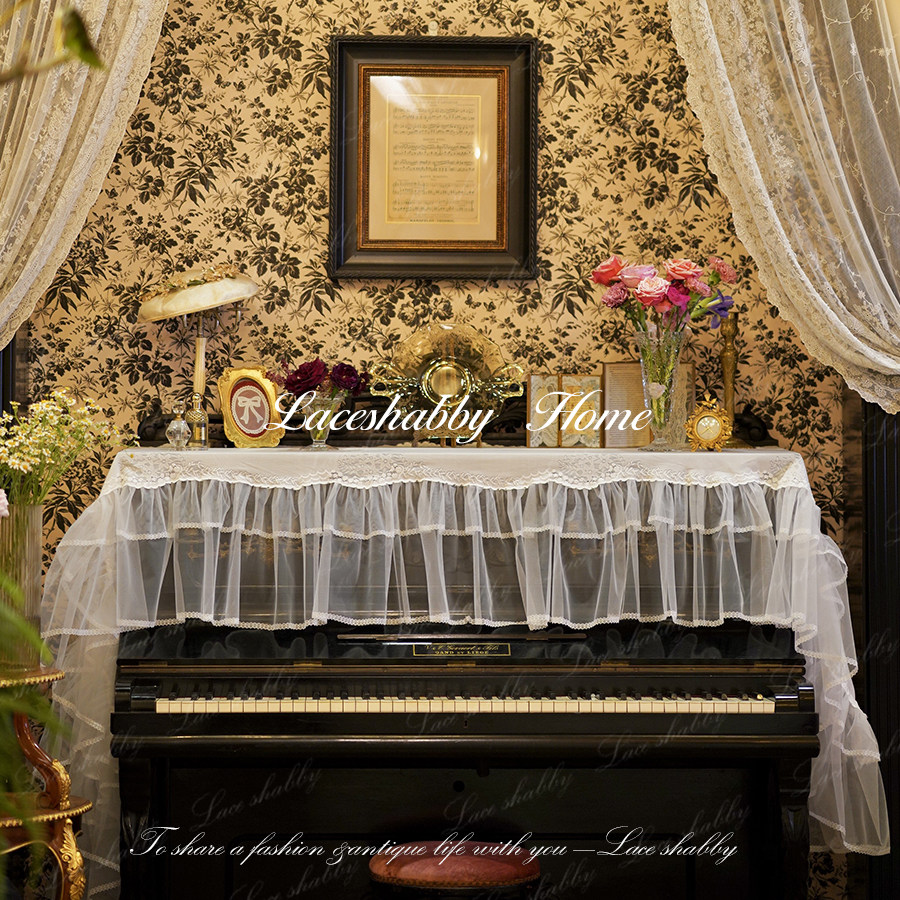 LACESHABBY新款法国进口列维斯蕾丝荷叶边白色法式钢琴罩防尘盖巾