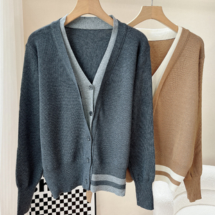 纽扣外套 假两件拼接撞色针织衫 欧洲站羊绒混纺秋冬新款 叠穿时尚