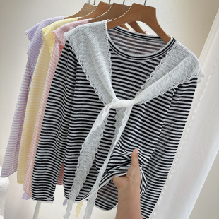T恤女真两件 微透宽松春季 韩系慵懒风细条纹休闲披肩薄款 圆领长袖