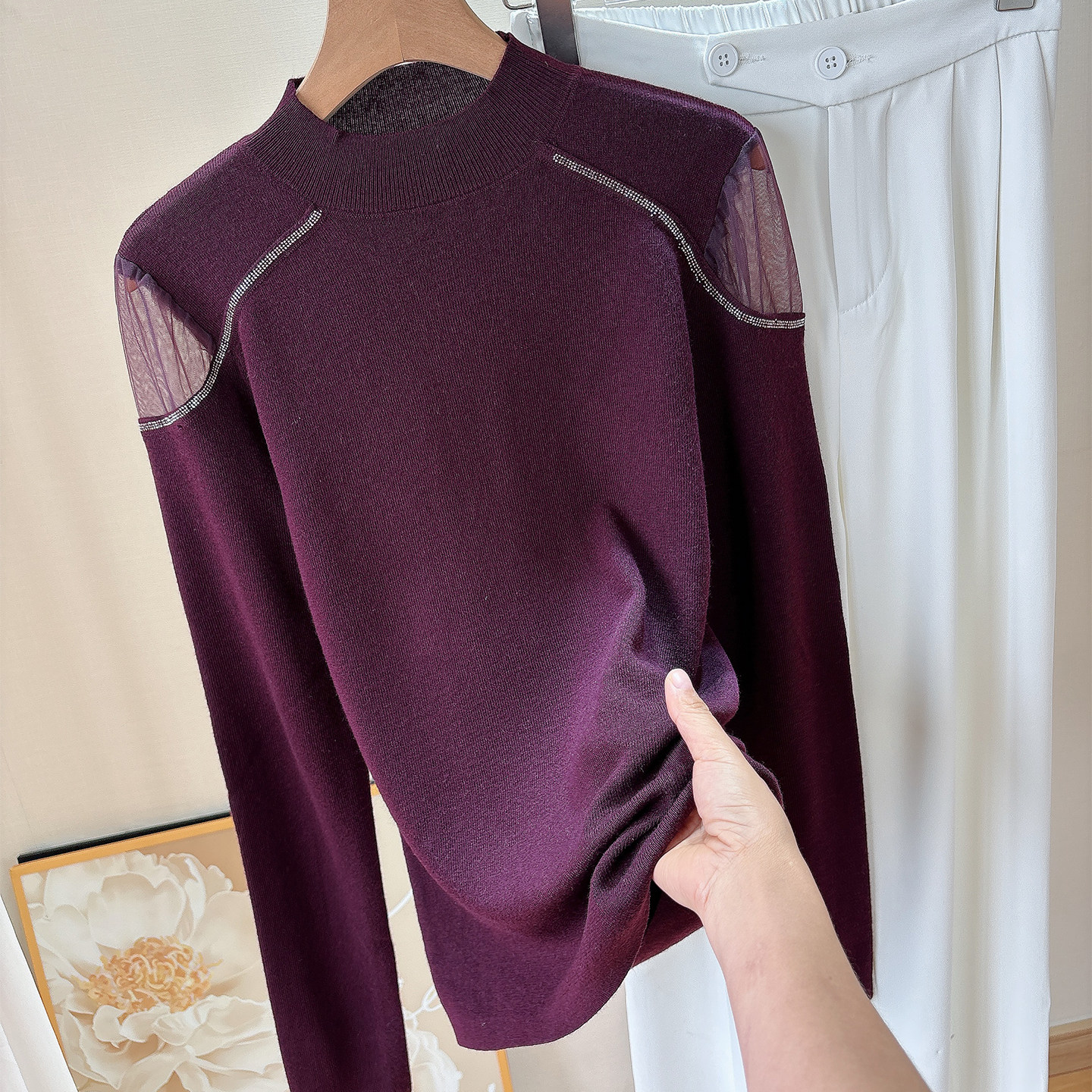 秋冬新品混纺羊绒露肩网纱烫钻半高领针织衫打底衫内搭时尚显瘦女,女装/女士精品,羊绒衫,淘宝优惠券,粉丝福利购,淘宝优惠卷