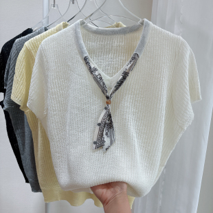 微透宽松T恤女百搭上衣女 薄款 法式 浪漫针织冰丝设计感丝巾V领短袖