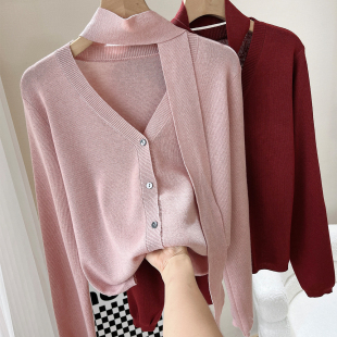 V领外穿长袖 开衫 毛衣绑带宽松纯色设计感 飘带羊绒混纺针织衫 法式