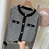千鸟格圆领长袖 针织衫 开衫 2025秋冬新品 小香风撞色百搭气质大码 女