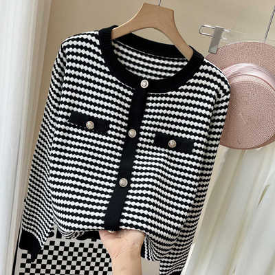千鸟格2024秋冬针织衫开衫圆领