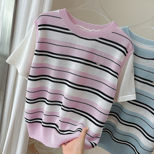 冰丝短袖 女装 T恤上衣休闲 圆领粗条纹圆领宽松大码 2026初夏新品
