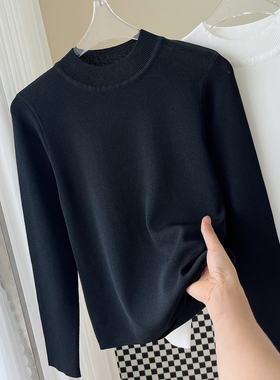 2025春秋款冰丝半高领长袖纯色打底衫内搭外穿修身针织衫黑色上衣