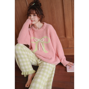 粉色甜美睡衣女冬款半边绒加厚加绒保暖长袖秋季珊瑚绒家居服套装