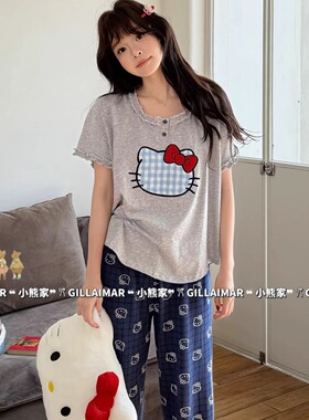 小熊睡衣女夏季可爱卡通hellokitty猫短袖长裤纯棉家居服显瘦套装
