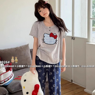 夏季纯棉HelloKitty灰色睡衣套装