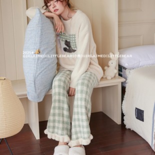 小熊睡衣女秋冬季可爱卡通加厚加绒保暖宽松花边家居服软绵绵套装