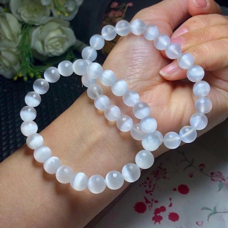 天然摩洛哥透石膏手链白色奶油体猫眼石手串单圈多圈甜美水晶饰品