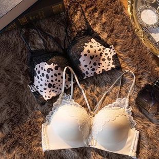 前扣内衣女小胸聚拢收副乳防下垂胸罩豹纹钢圈美背加厚文胸套装