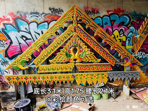 西双版纳傣族泰国水泥东南亚花边三角浮雕孔雀开屏装饰门头酒店