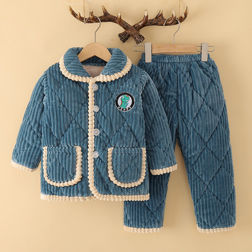 儿童法兰绒睡衣三层夹棉加绒加厚男童宝宝珊瑚绒25新款家居服套装