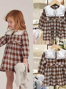 韩国童装秋季新款海军领女童格子长袖连衣裙MS481201