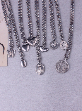 时尚爱心项链土酷夜店贝壳吊坠不锈钢龙骨链子项链嘻哈男女首饰品