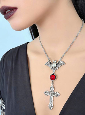 亚文化暗黑系乌鸦头骨项链 酒红半圆珠鸟骨骷髅头项链哥特风穿搭