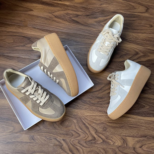 透气不累脚板鞋 女百搭系带休闲运动鞋 牛皮拼色增高厚底德训鞋 高版