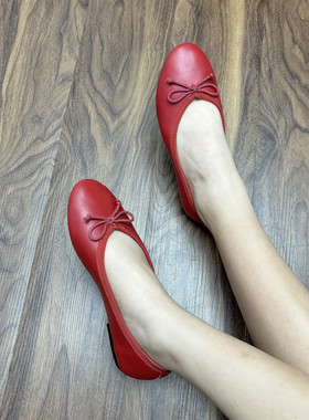 超赞外贸羊皮红色芭蕾鞋女超软小红鞋复古蝴蝶结圆头平底单鞋舒适