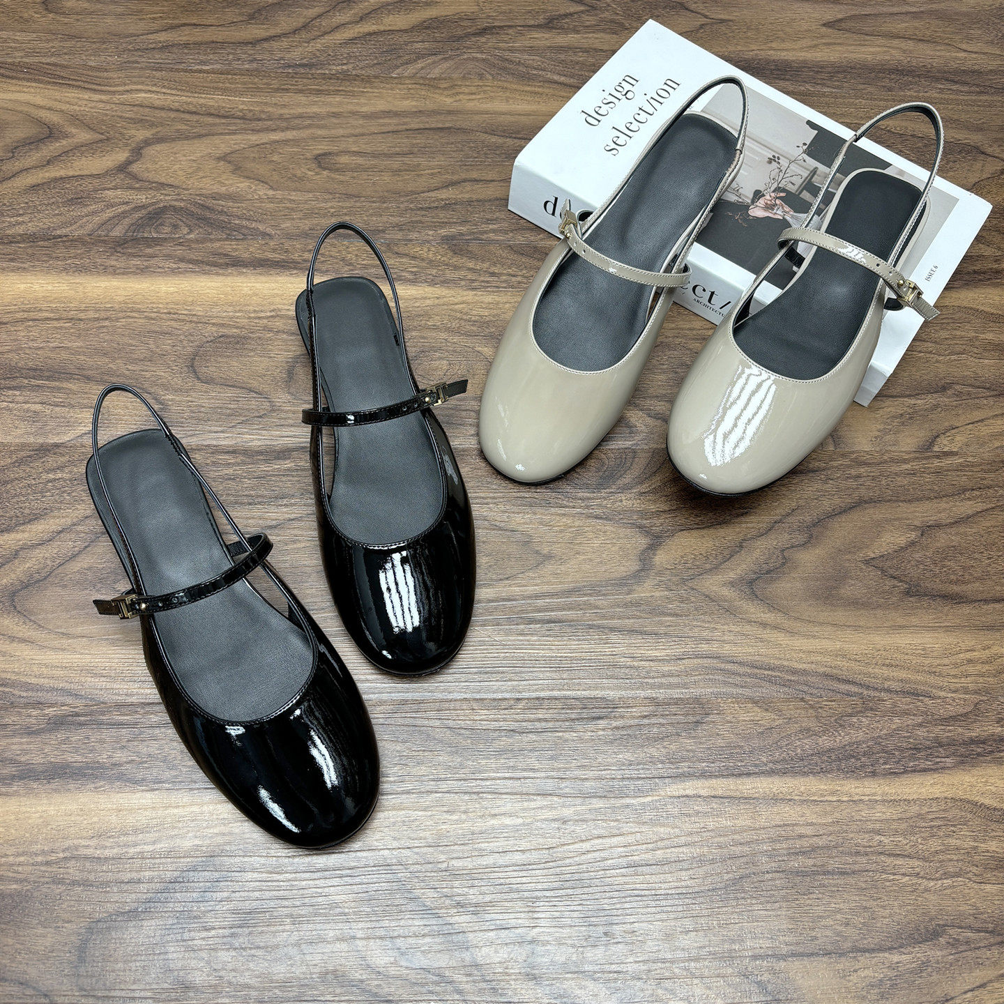 高档真皮底优雅风漆皮玛丽珍鞋女低跟圆头一字扣凉鞋穆勒鞋配裙子