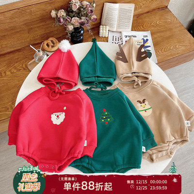 加绒圣诞装婴儿连体衣带帽