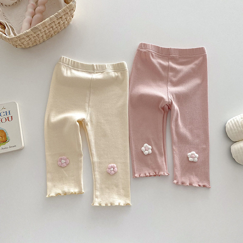 韩版春季夏装女童打底裤儿童洋气小花纯色弹力裤子女宝宝薄款长裤