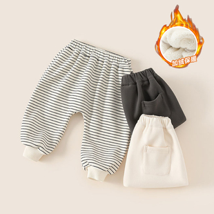 外穿儿童加厚纯色束脚裤 宝宝加绒长裤 子婴儿条纹大PP裤 保暖裤 冬季