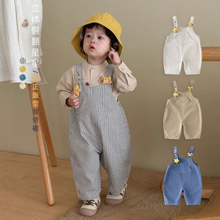 2026新款春秋季宝宝牛仔背带裤女童韩版条纹连体裤男童卡通长裤子