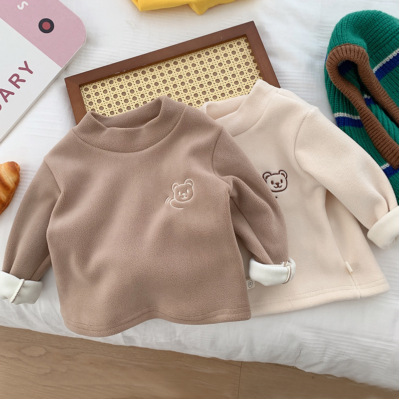 秋冬男女宝宝半高领加绒加厚长袖T恤卡通摇粒绒卫衣婴儿内搭上衣
