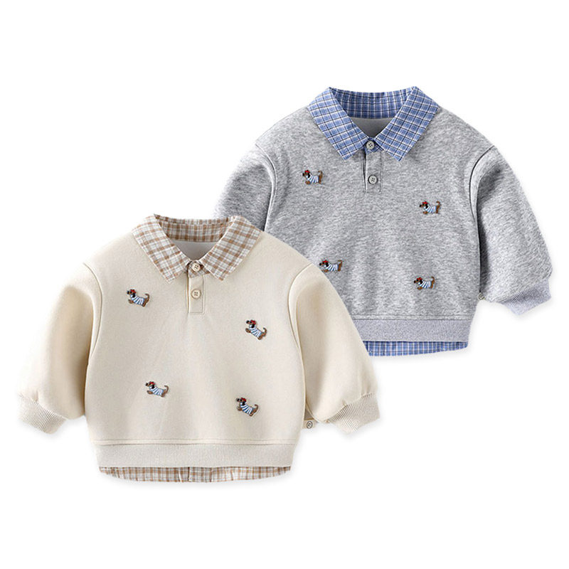 儿童卫衣春秋季男童洋气卡通打底衫女宝宝假两件上衣韩版套头T衫