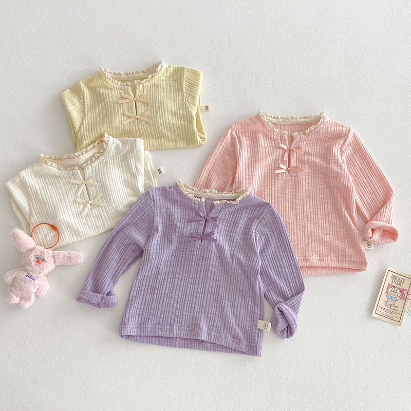 女童韩版打底衫2025新款春季宝宝洋气蝴蝶结长袖T恤婴儿纯色春装,童装/婴儿装/亲子装,T恤,淘宝优惠券,粉丝福利购,淘宝优惠卷
