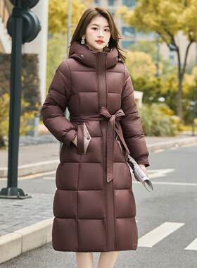 2025冬季新款中长款女士连帽收腰加厚棉服时尚修身保暖外套
