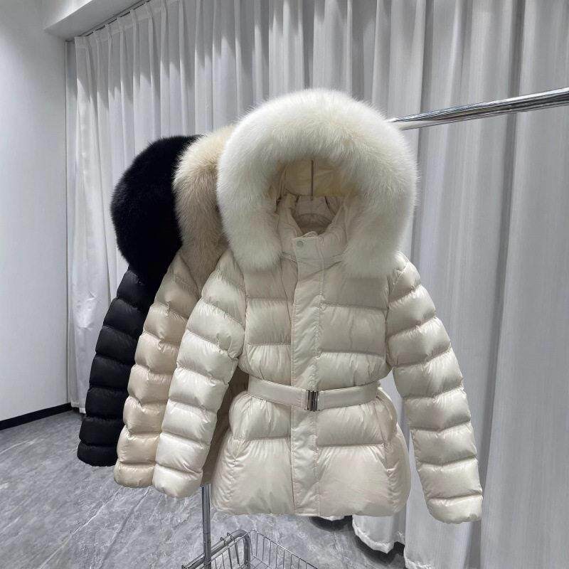 冬季新款羽绒棉服大貉子毛领连帽收腰系带棉衣加厚显瘦防寒外套潮
