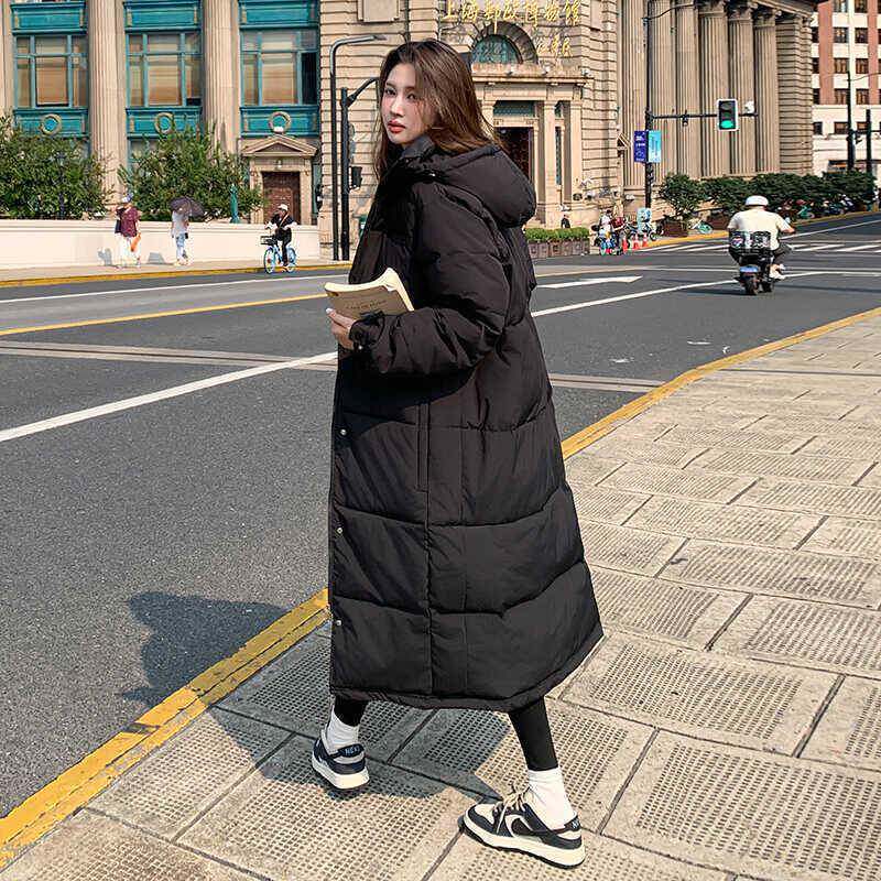黑色羽绒棉服女中长款2025冬季新韩版宽松加厚过膝中戏棉服外套潮