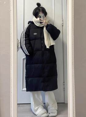 羽绒棉服女2025新款冬学院风三条杠棉袄外套长款过膝学生棉衣外套