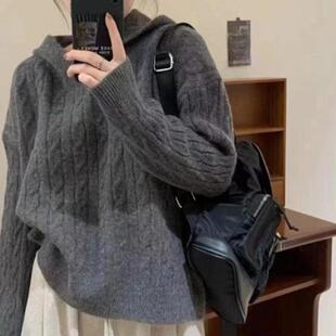 慵懒风连帽麻花韩版外穿毛衣女秋冬新款休闲百搭宽松针织套头衫女
