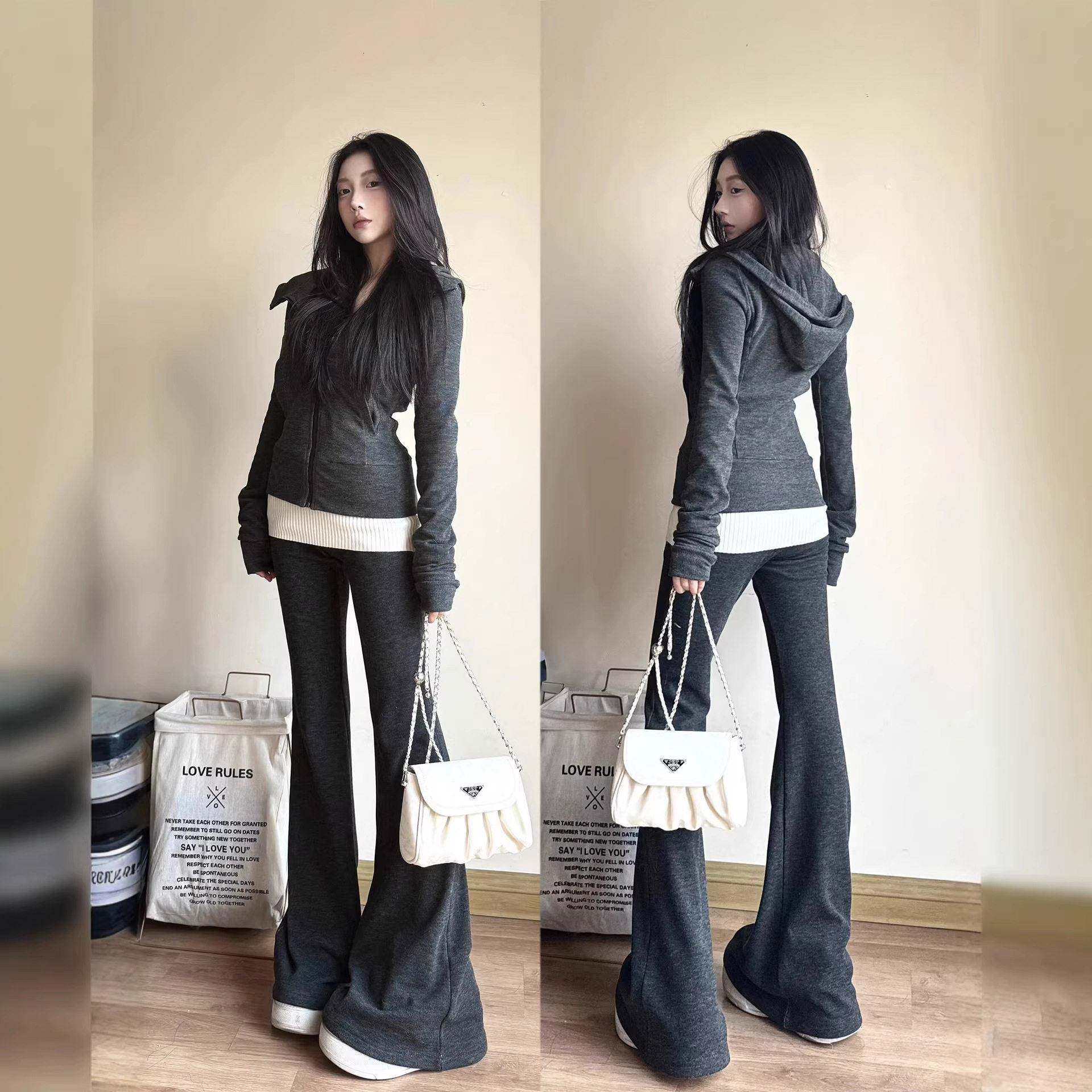 灰色早春修身运动卫衣套装羽绒服内搭女休闲卫衣外套韩系整套穿搭