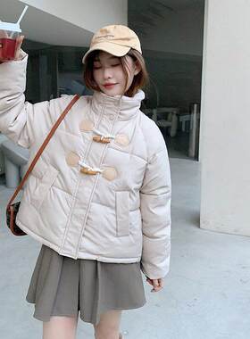 韩版立领短款羽绒棉棉衣复古牛角扣设计小个子女生冬季棉服供货